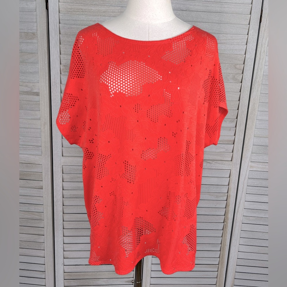 CLARA SUN WOO Stretchy Floral Mesh Blouse Dolman Sleeves Bright Coral-Large